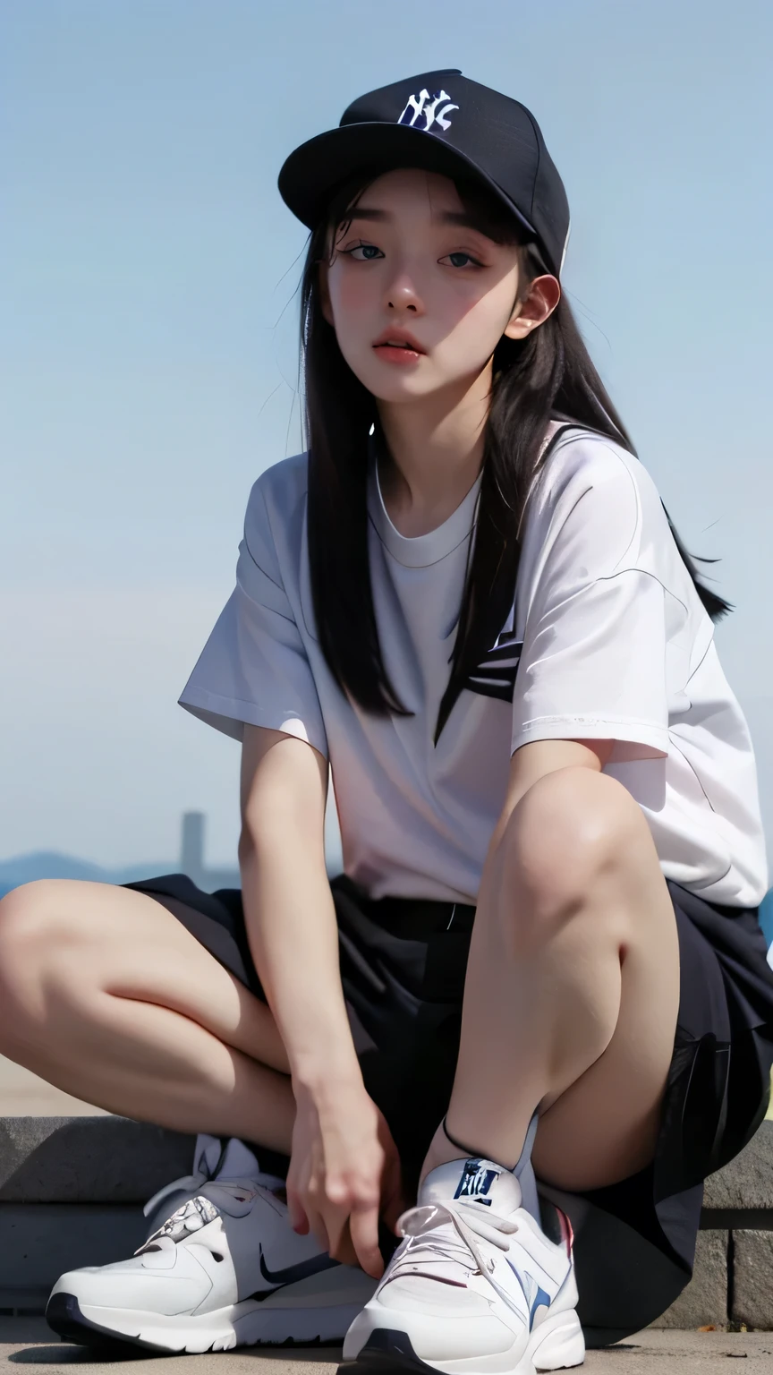 Tomboy girl with Yankees cap, Hawaiian shirt Nike shoes ,smoking cigarette looking at the sky lsd