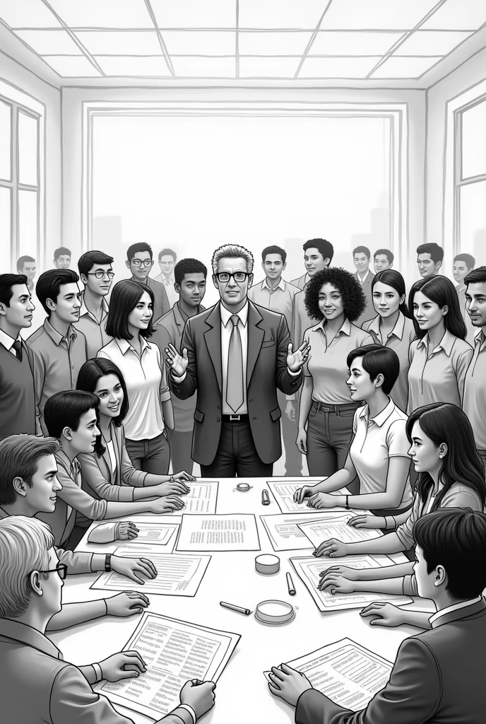 Create a very easy drawing of A large, diverse group of people working together, with the government person in the center.