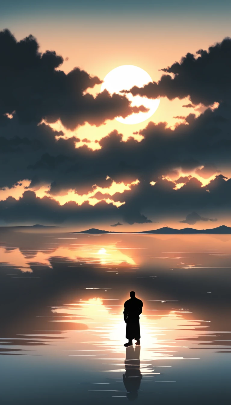 A Strong Buddhist muscular man stands in the smoke, loneliness, Black jumpsuit, Very tight, Silhouette effect, Tall muscular man, Priapus, Dark Black, Dark black skin, Buzz Cut, His muscles are very developed, Very tall, short hair, Blend into the smoke, Lake, Reflection, Sunset, Sunset, Man silhouette, Chinese, black and white, Simple style