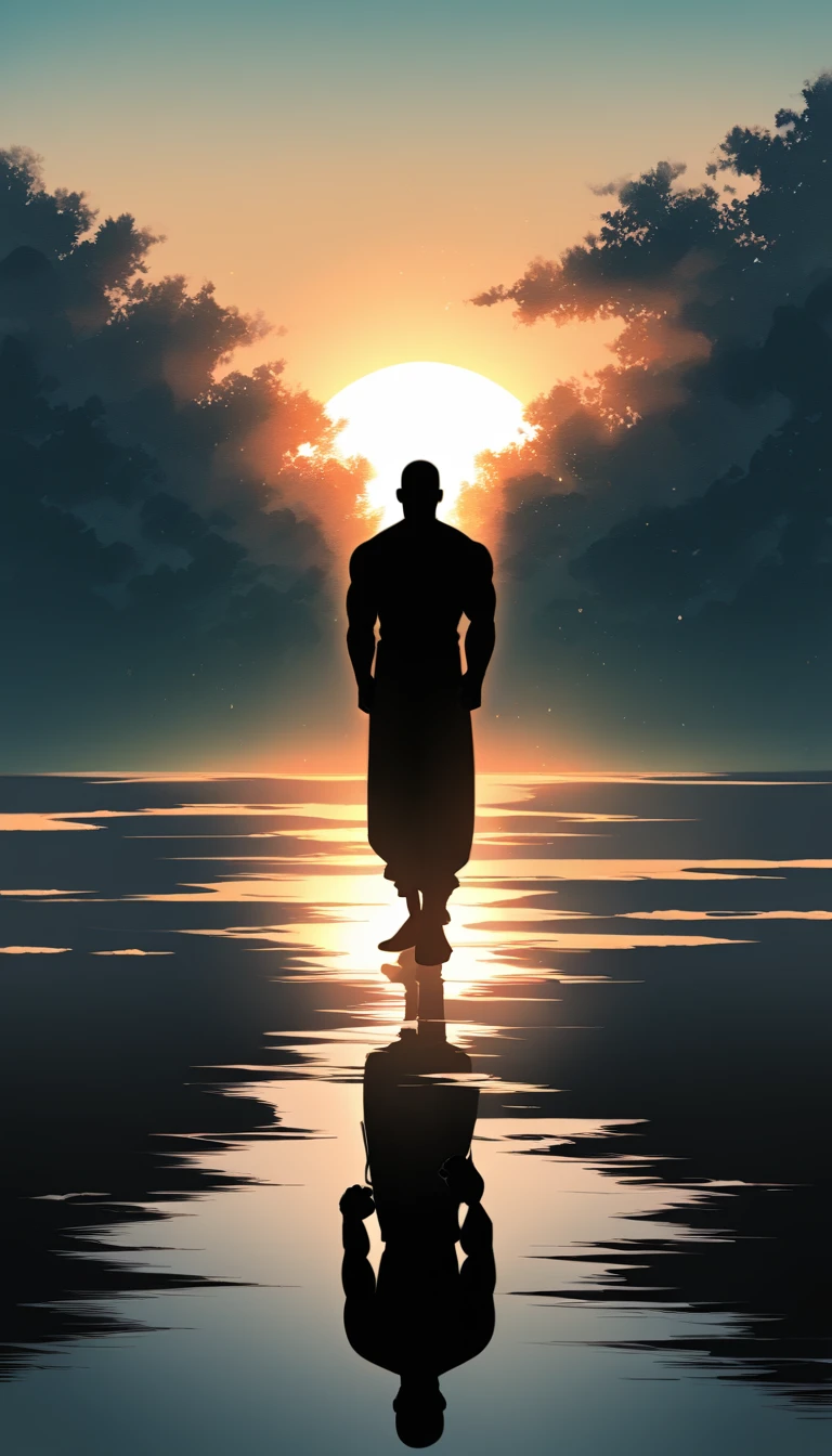 A Strong Buddhist muscular man stands in the smoke, loneliness, Black jumpsuit, Very tight, Silhouette effect, Tall muscular man, Priapus, Dark Black, Dark black skin, Buzz Cut, His muscles are very developed, Very tall, short hair, Blend into the smoke, Lake, Reflection, Sunset, Sunset, Man silhouette, Chinese, black and white, Simple style