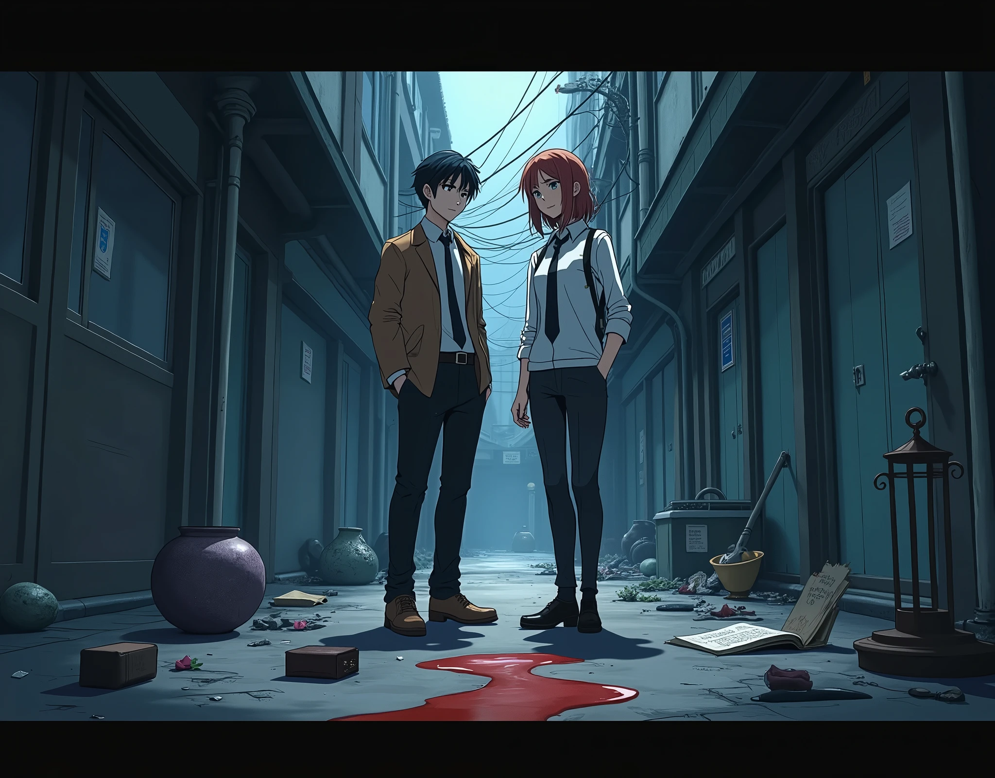 Make a visual novel anime CG where a male detective and his companion a girl detective both of them 20 years old are looking at a crime scene