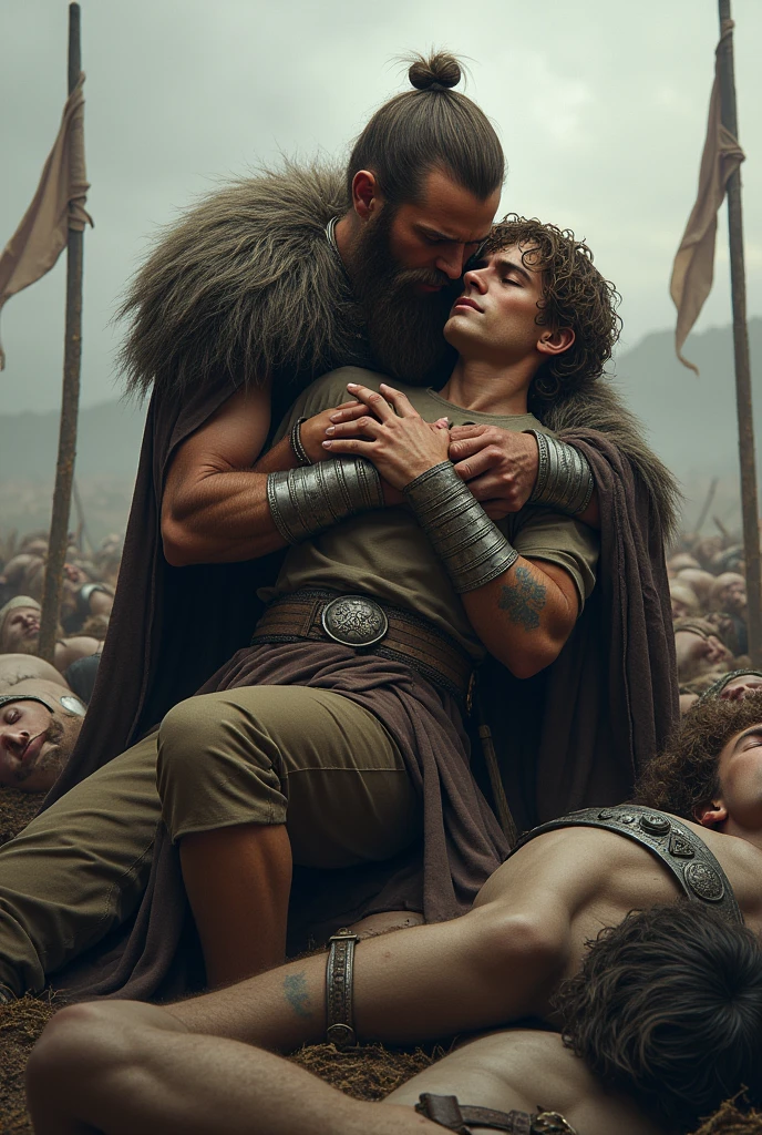 A Viking hugging a young man&#39;s body in his arms among many bodies