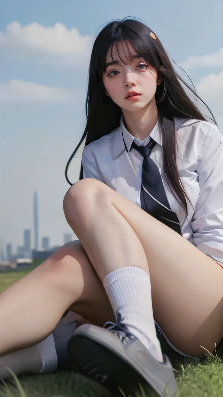 (best quality,4k,8k,highres,masterpiece:1.2),ultra-detailed,(realistic,photorealistic,photo-realistic:1.4), profesional photograph by dubnitskiy david, natural light, portraits, a beautiful young japanese girl, , wearing ((grey blue necktie, white button shirt, white socks, (black shoes with red ties), indonesian high school uniform: 1.4), very low neckline, exposed her breast), seductive look, soft glow, elegant beauty, perfect detailed face feature, detailed blue grey eyes, sexy pose, delicate skin texture, flowing messy hair, lustly expression, sexy posture, collarbone, naturally droopy breast, knees up, lying back with atractive pose, opened legs, (grass field with skyline:1.4), subtle shadows, daylight and clouds background, shallow depth of field, foggyand greeney atmosphere, fine art photography, (close up:1.2), (seen from below:1.4), photon mapping, zoom in
