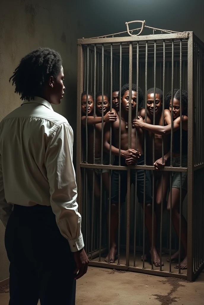 A white person looking at black people that are in a cage
