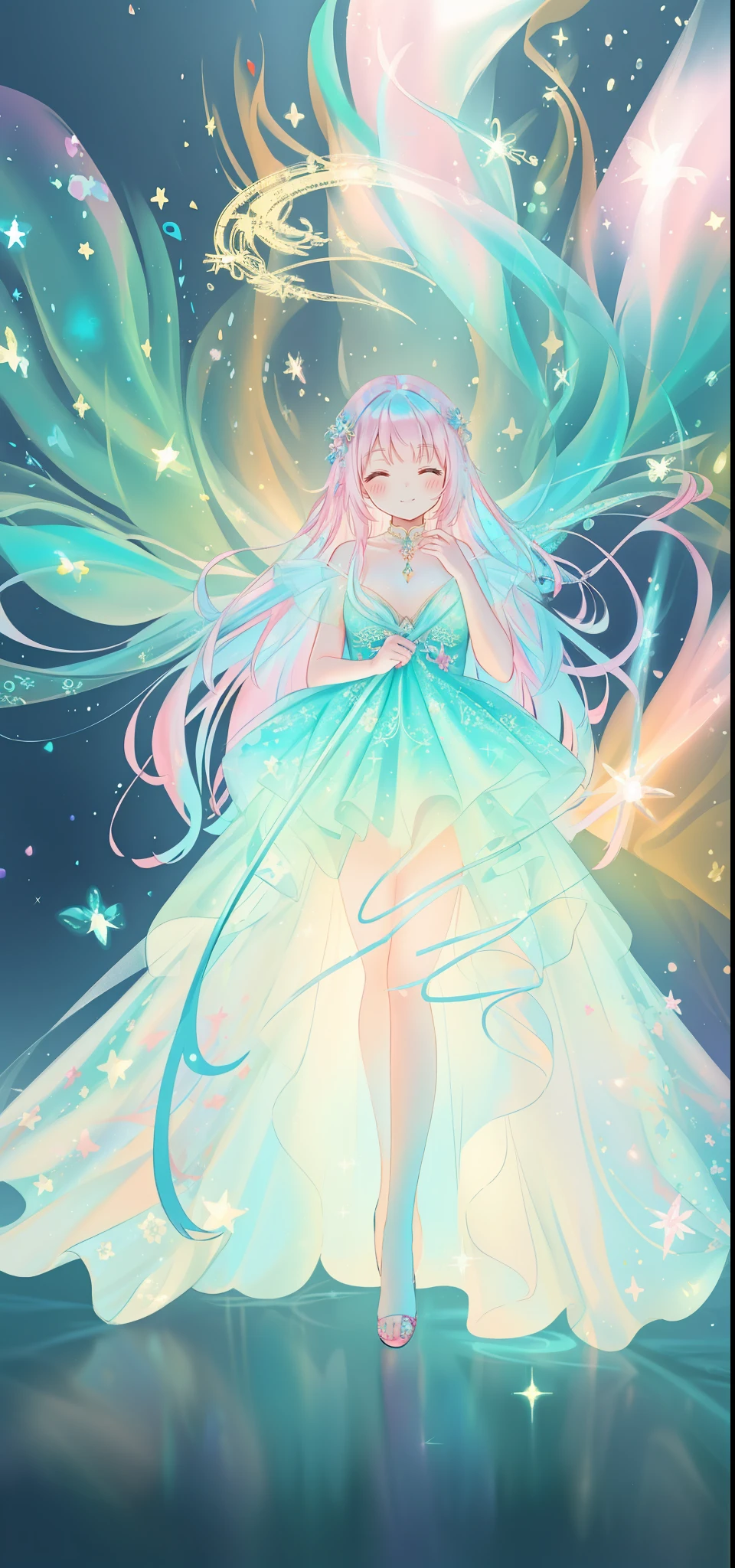 beautiful girl in sparkling white puffy dress, vibrant pastel colors, (colorful), magical lights, long flowing colorful pink hair, otherworldly aqua and blue landscape background, inspired by Glen Keane, inspired by Lois van Baarle, disney art style, by Lois van Baarle, glowing aura around her, by Glen Keane, jen bartel, glowing lights! digital painting, flowing glowing hair, glowing flowing hair, beautiful digital illustration, fantasia background, whimsical, magical, fantasy, beautiful face, ((masterpiece, best quality)), intricate details, highly detailed, sharp focus, 8k resolution, sparkling detailed eyes, liquid watercolor