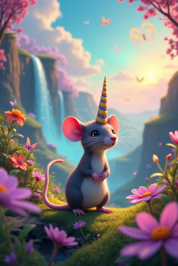 A rat with a unicorn horn in a cute realistic rainbow fantasy landscape