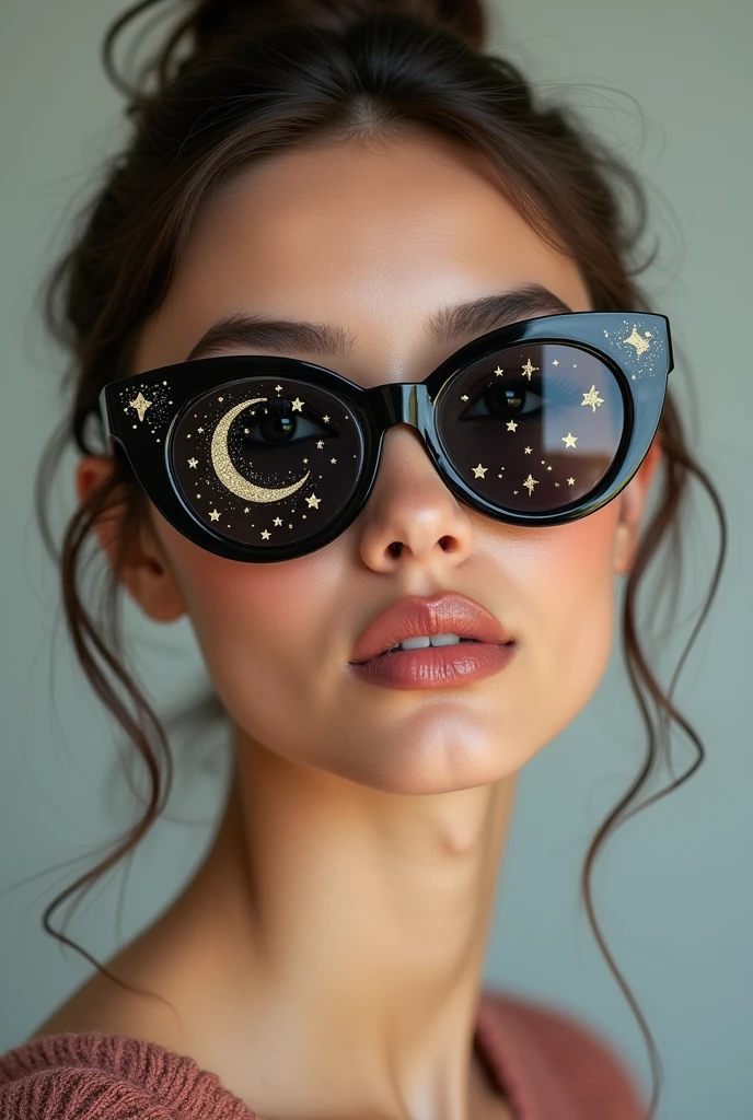 The model is wearing glass sunglasses with stars and the moon on the glass