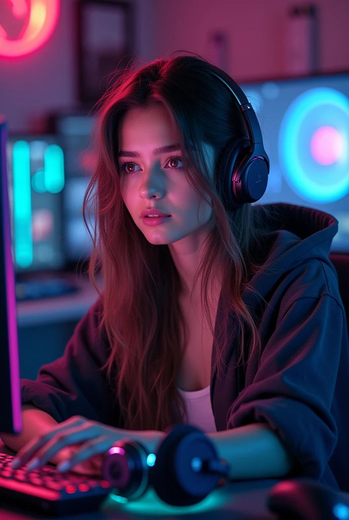 sexy girl, a streamer, on computer, gaming setup, headsets, long hairs, messy hairs