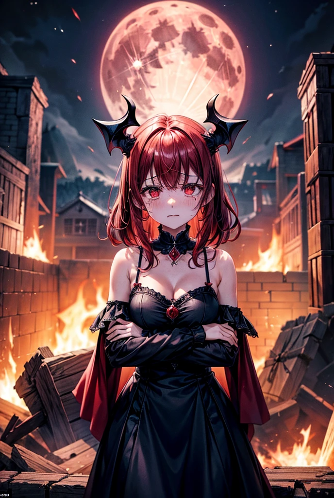 Satanic、despair、Devastation、natural disaster、middle ages、Red full moon、Woman Crying、Knife in one hand、A sad expression、Fluffy camisole、Fantasy、plunge a knife into one's own neck