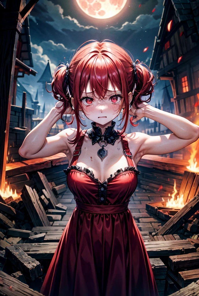 Satanic、despair、Devastation、natural disaster、middle ages、Red full moon、Woman Crying、arms out in front、A sad expression、Fluffy camisole、Fantasy、