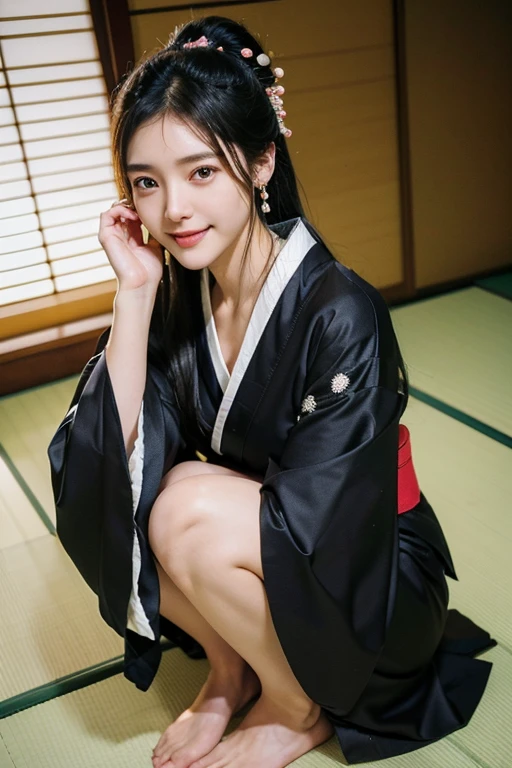 (2 pure Japanese girl,), (Small breasts:1.5,),(solo,,Textured skin, Detailed skin,Detailed face,Detailed eyes,detailed posing,Natural eyebrows,Sparkling Eyes,High detail, Highest quality, Super detailed, Surrealism, ,8k,RAW Photos,Photographicism,Professional Lighting,Ray Tracing,Portrait Photography,Soft Light),(((Black Hair, Natural Makeup,Simple earrings, Tying up hair, smile))),(((Long-sleeved kimono,kimono,Japanese-style room,Collapsed Seiza,On the tatami,Dutch Angle, Full Body Shot)))