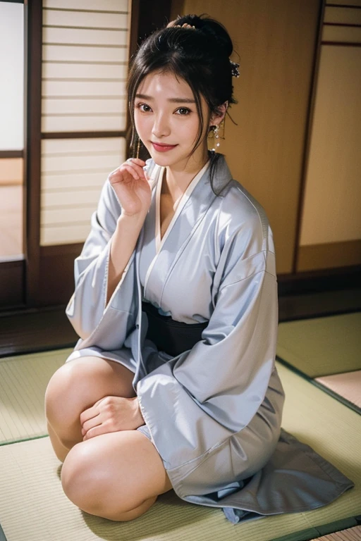 (2 pure Japanese girl,), (Small :1.5,),(solo,,Textured skin, Detailed skin,Detailed face,Detailed eyes,detailed posing,Natural eyebrows,Sparkling Eyes,High detail, Highest quality, Super detailed, Surrealism, ,8k,RAW Photos,Photographicism,Professional Lighting,Ray Tracing,Portrait Photography,Soft Light),(((Black Hair, Natural Makeup,Simple earrings, Tying up hair, smile))),(((Long-sleeved kimono,kimono,Japanese-style room,Collapsed Seiza,On the tatami,Dutch Angle, Full Body Shot)))