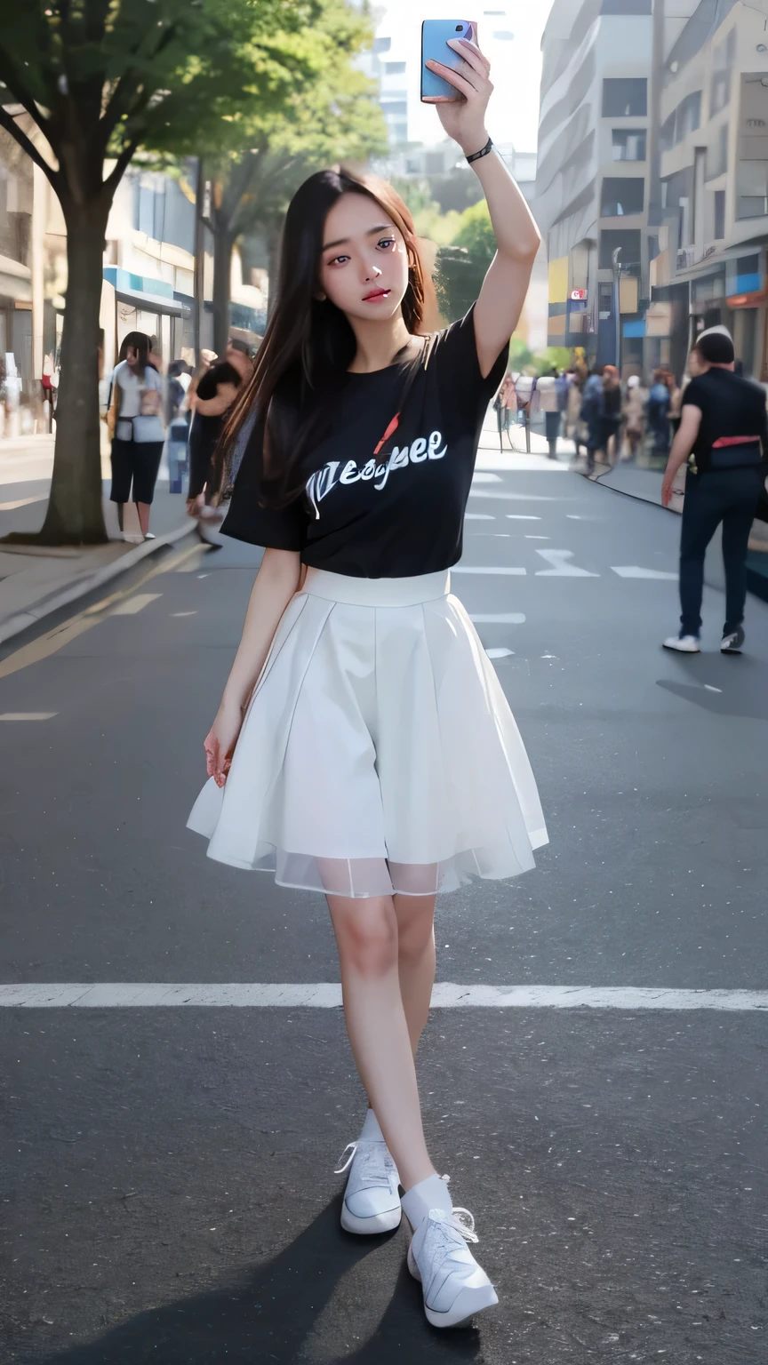 there is a woman taking a selfie in the street, she is smiling and excited, she expressing joy, dilraba dilmurat, low quality video, she is smiling and happy, tiktok video, ruan cute vtuber, dang my linh, 8k selfie photograph, she is smiling, she has a cute face
