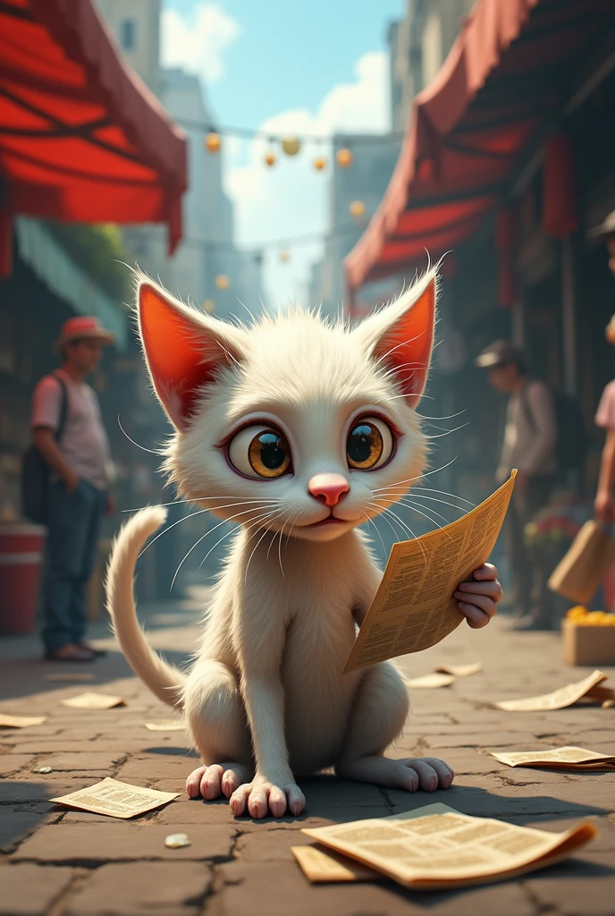 the poor white cat in the market grabs the pepar looks it.