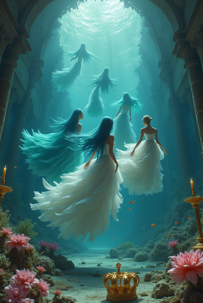 "A full-body shot of a (extra wide angle) in a dark low light deep sea medeval ballroom in an old gothic palace that has gone under the sea. Super-big ballroom. 2 queen twin sisters and their 5 girlfriends swimming arround in the sea. The queens have a big light-colored eyes, super-long long hair. Their girl-friends have a long hair also blue and green perfect detailed eyes.( perfect hands, five fingers on each hand.) Small breasts cleavage, (hyper realistic perfect eyes 1:1). White perfect skin. Queens surrounded by Perished under-water palace 1:1 Wearing a layered black, white and gold ballroom dresses with lace and shiffon. On the bottom of the sea are golden crowns, adorned with pink crystals 1:1. Bright colourd fishes swimming arround. Cancers. Corals. seamoss. Octopus. The scene a beautiful empresses swimming ghoasts, their long hair flowing all around. Sad. (Best Quality Detailed faces)1:1. A medieval fairytale vibe, with a big black intricate throne in a corner with seamoss on it, a broken medeval chandelier with few broken candles hanging from the ceiling. In a fantastic scene that uses 3D Surreal 3D model. Big gold gothic medieval five armed candlesticks sit on a blacktable on the seafloor, surrounded by crystal wine glasses—one tipped over and broken. The entire setup is Best Quality, masterpiece 1:1, capturing the essence of a beautiful and happy girls, fantastical gothic setting, Dark deep sea Low lighting under neath, framed with the grandeur of medieval gothic style. (8K).