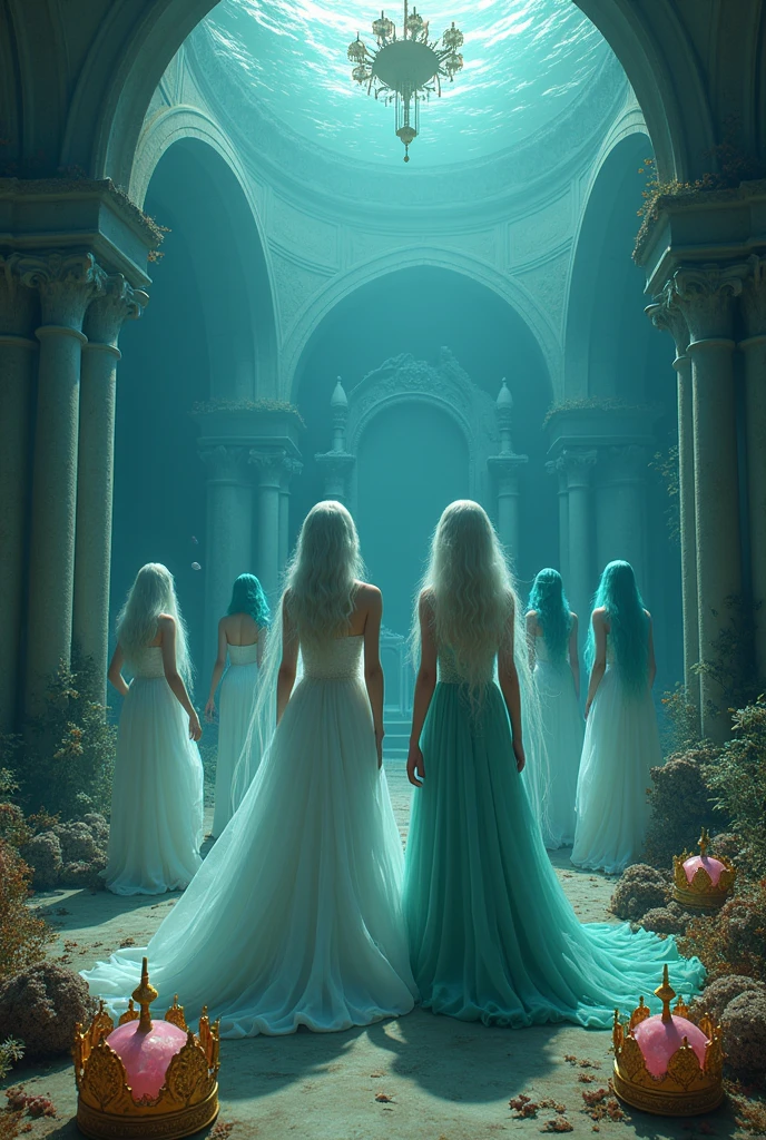 "A full-body shot of a (extra wide angle) in a dark low light deep sea medeval ballroom in an old gothic palace that has gone under the sea. Super-big ballroom. 2 queen twin sisters and their 5 girlfriends swimming arround in the sea. The queens have a big light-colored eyes, super-long long hair. Their girl-friends have a long hair also blue and green perfect detailed eyes.( perfect hands, five fingers on each hand.) Small breasts cleavage, (hyper realistic perfect eyes 1:1). White perfect skin. Queens surrounded by Perished under-water palace 1:1 Wearing a layered black, white and gold ballroom dresses with lace and shiffon. On the bottom of the sea are golden crowns, adorned with pink crystals 1:1. Bright colourd fishes swimming arround. Cancers. Corals. seamoss. Octopus. The scene a beautiful empresses swimming ghoasts, their long hair flowing all around. Sad. (Best Quality Detailed faces)1:1. A medieval fairytale vibe, with a big black intricate throne in a corner with seamoss on it, a broken medeval chandelier with few broken candles hanging from the ceiling. In a fantastic scene that uses 3D Surreal 3D model. Big gold gothic medieval five armed candlesticks sit on a blacktable on the seafloor, surrounded by crystal wine glasses—one tipped over and broken. The entire setup is Best Quality, masterpiece 1:1, capturing the essence of a beautiful and happy girls, fantastical gothic setting, Dark deep sea Low lighting under neath, framed with the grandeur of medieval gothic style. (8K).