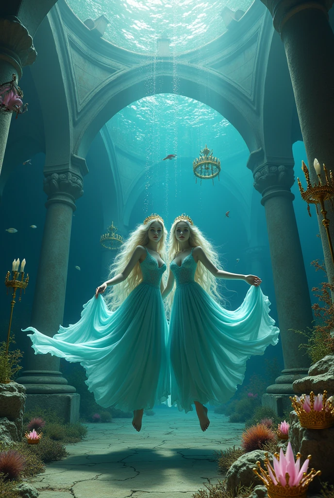 "A full-body shot of a (extra wide angle) in a dark low light deep sea medeval ballroom in an old gothic palace that has gone under the sea. Super-big ballroom. 2 queen twin sisters and their 5 girlfriends swimming arround in the sea. The queens have a big light-colored eyes, super-long long hair. Their girl-friends have a long hair also blue and green perfect detailed eyes.( perfect hands, five fingers on each hand.) Small breasts cleavage, (hyper realistic perfect eyes 1:1). White perfect skin. Queens surrounded by Perished under-water palace 1:1 Wearing a layered black, white and gold ballroom dresses with lace and shiffon. On the bottom of the sea are golden crowns, adorned with pink crystals 1:1. Bright colourd fishes swimming arround. Cancers. Corals. seamoss. Octopus. The scene a beautiful empresses swimming ghoasts, their long hair flowing all around. Sad. (Best Quality Detailed faces)1:1. A medieval fairytale vibe, with a big black intricate throne in a corner with seamoss on it, a broken medeval chandelier with few broken candles hanging from the ceiling. In a fantastic scene that uses 3D Surreal 3D model. Big gold gothic medieval five armed candlesticks sit on a blacktable on the seafloor, surrounded by crystal wine glasses—one tipped over and broken. The entire setup is Best Quality, masterpiece 1:1, capturing the essence of a beautiful and happy girls, fantastical gothic setting, Dark deep sea Low lighting under neath, framed with the grandeur of medieval gothic style. (8K).