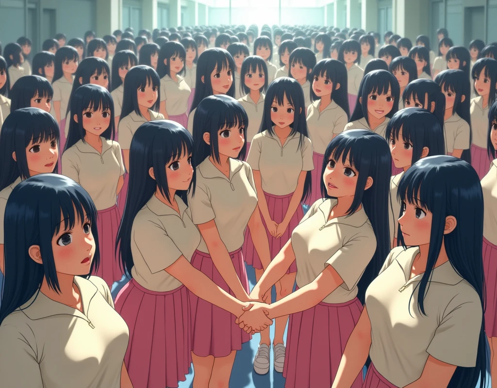 (((((Japanese Clone-girls=Myself))))), (((Super Best Perfect Clone-girls Raw Photography Art))), (((16K, Highest quality, Ultra-high resolution, Real Photography, RAW quality))), (((It's so unrealistic., An astonishing world view, With an unfathomable sight, In an out-of-this-world situation, In a world where Myself Clone-girls are multiplying in large numbers, Ultra-realistic, Delusion))), (((Japanese Girls, hashimoto-kanna, 17yo, Small face, Thick black hair, Semi-long hair, Dark Eyes, Mature face, Cute Smile, Smiling face, A gentle gaze, (((Very happy laughter)))))), (((Very beautiful detailed girls, Accurate body structure, Accurate body movements, Very detailed body, (((Big Breasts, J-Cup)))))), (((Summer Girls' School Uniform, Beige short-sleeved shirt, I can see the cleavage, Big Breasts強調, Pink mini skirt))), ((((((((Very detailed, Myself cloning, Depiction of the split female body, 1Myself girl-cloning-1,000,000,000,000,000,000,000,000,000,000Myself clone-girls)))))))), (((((((Very detailed, Myself clone-girls, To the exact, Flawless, Same female depiction, (((MyselfとFlawless同じ女体, MyselfとFlawless同じ顔, MyselfとFlawless同じ髪形, MyselfとFlawless同じ服, MyselfとFlawless同じ背丈, MyselfとFlawless同じJ-Cup)))))))))), (((((Myself clone-girls only))))), (((((1,000,000,000,000,000,000,000,000,000,000Myself clone-girls))))), (((Very detailed, Extremely crowded, Body-to-body contact with no gaps))), (Bright and soft lighting), (((((Clear and accurate perspective depiction, super wide view, Ultra-wide field of view, Focus on the average value of the image))))), (((((Very detailed depiction, More than a few thousand Myselves, Physical contact, Pleasant conversation, Holding hands, Hug))))), School building, classroom, corridor, Lounge, Atrium Hall, spiral stage, Elevator, gym, School Assembly, after school
