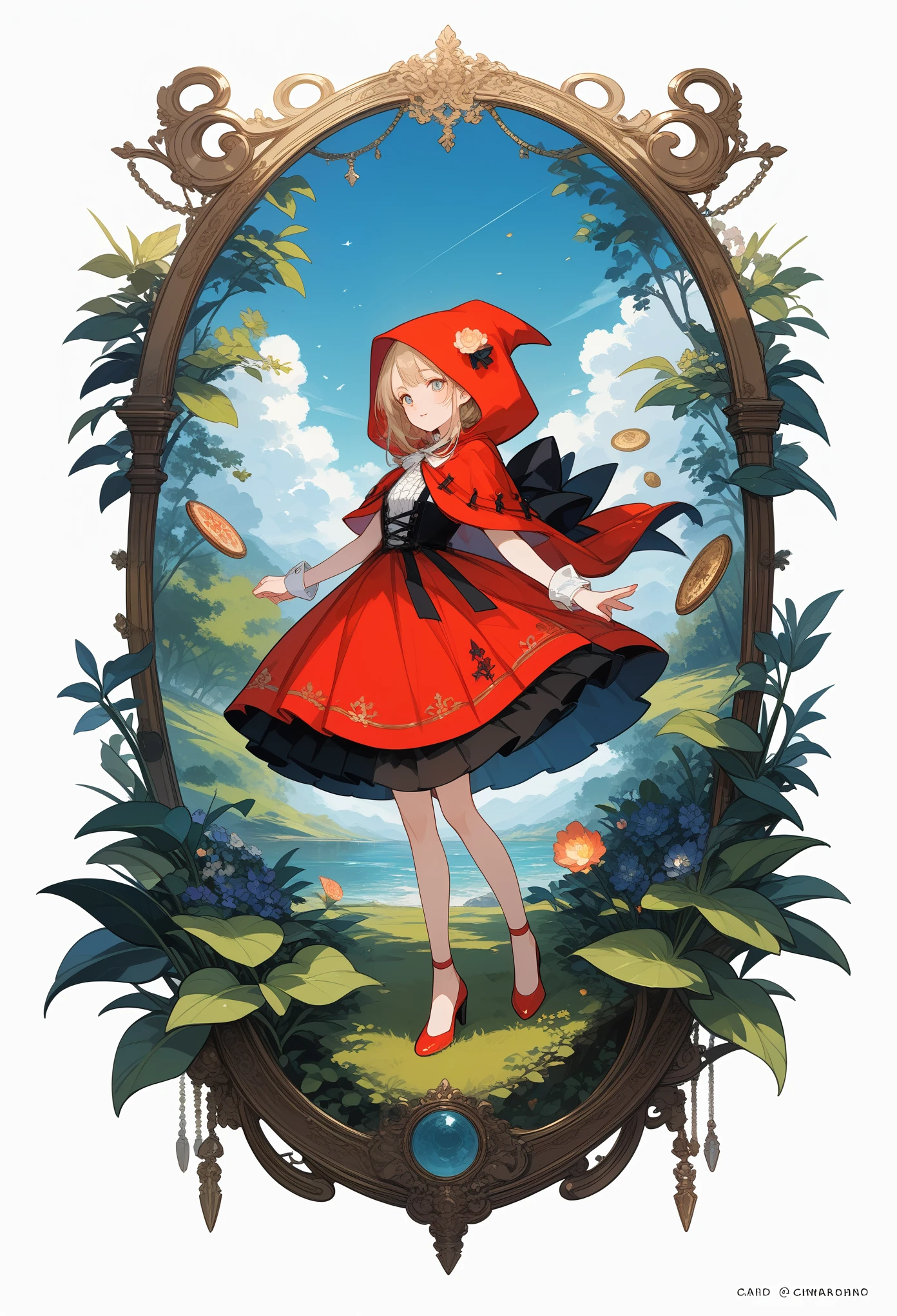rating_safe, score_9, score_8_up, score_7_up, score_6_up, score_5_up, score_4_up, hires, source_furry, postcard design, story of Little Red Riding Hood, flat Design, vector illustrations, graphic illustration, detailed 2d illustration, flat illustration, digital illustration, digital artwork,