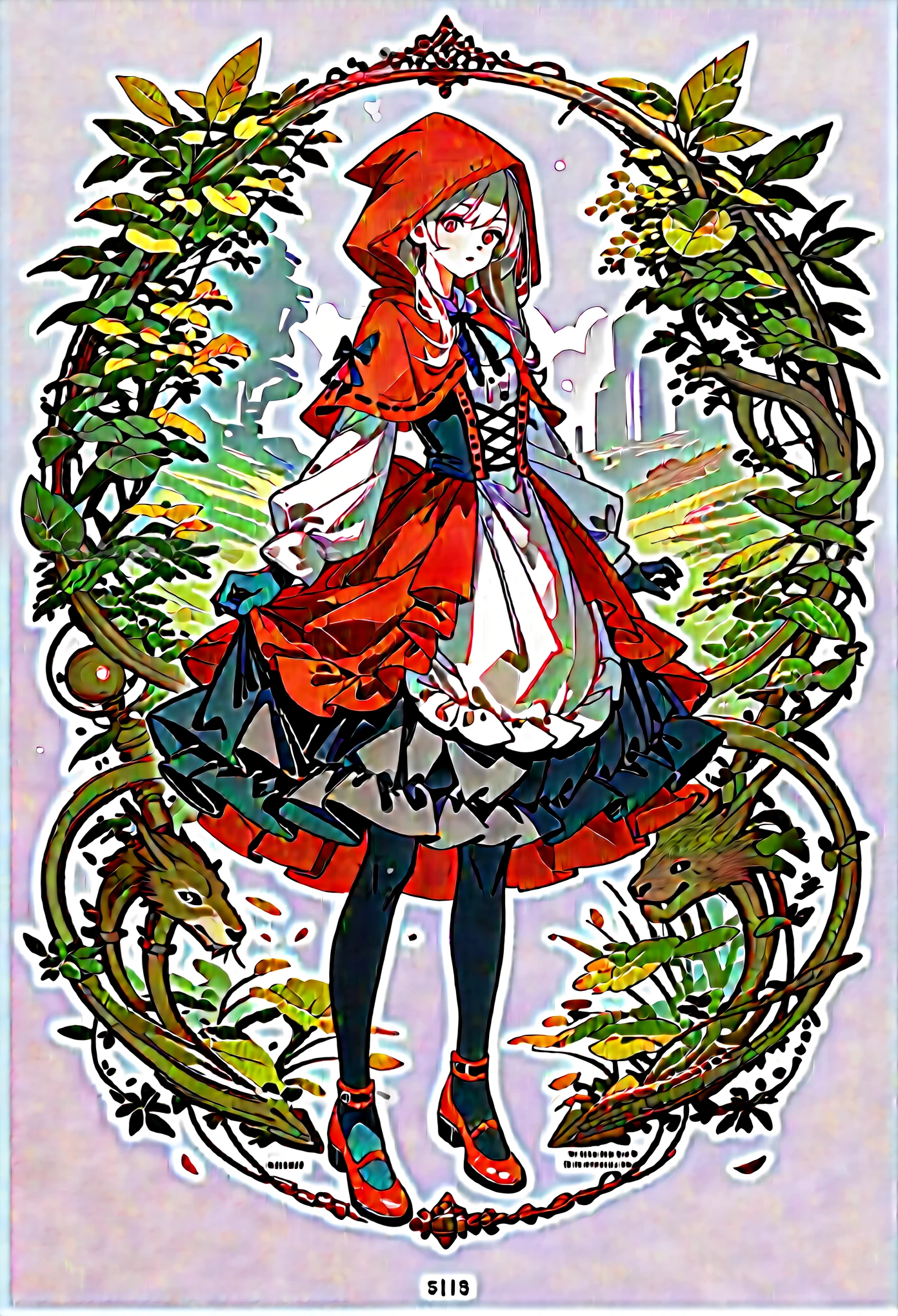 rating_safe, score_9, score_8_up, score_7_up, score_6_up, score_5_up, score_4_up, hires, source_furry, postcard design, story of Little Red Riding Hood, flat Design, vector illustrations, graphic illustration, detailed 2d illustration, flat illustration, digital illustration, digital artwork,