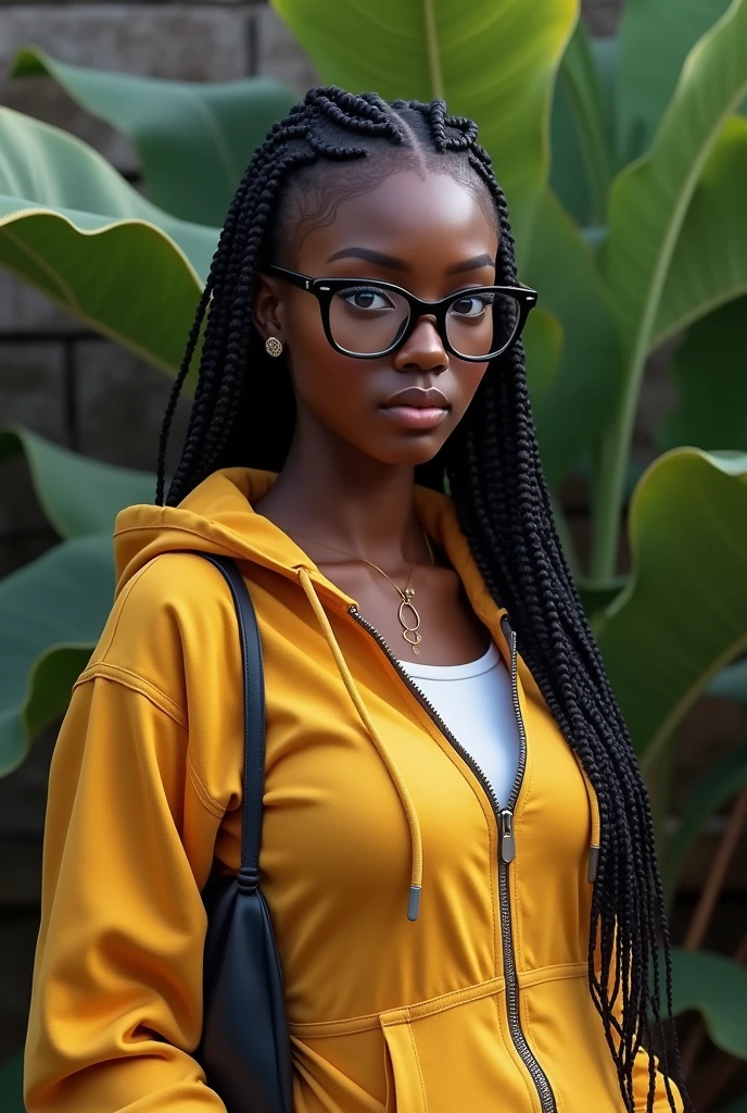 (photorealism:1.2), beautiful Kenyan woman,22 years, beautiful green eyes,sharp boobs,smiling,wearing a fitting hoodie,long braids, black oversized glasses, standing , realistic details, nature shot.cardi b inspiration