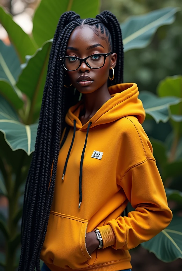 (photorealism:1.2), beautiful Kenyan woman,22 years, beautiful blue eyes,sharp boobs,smiling,wearing a fitting hoodie,long braids, black oversized glasses, standing , realistic details,plants in background.cardi b inspiration