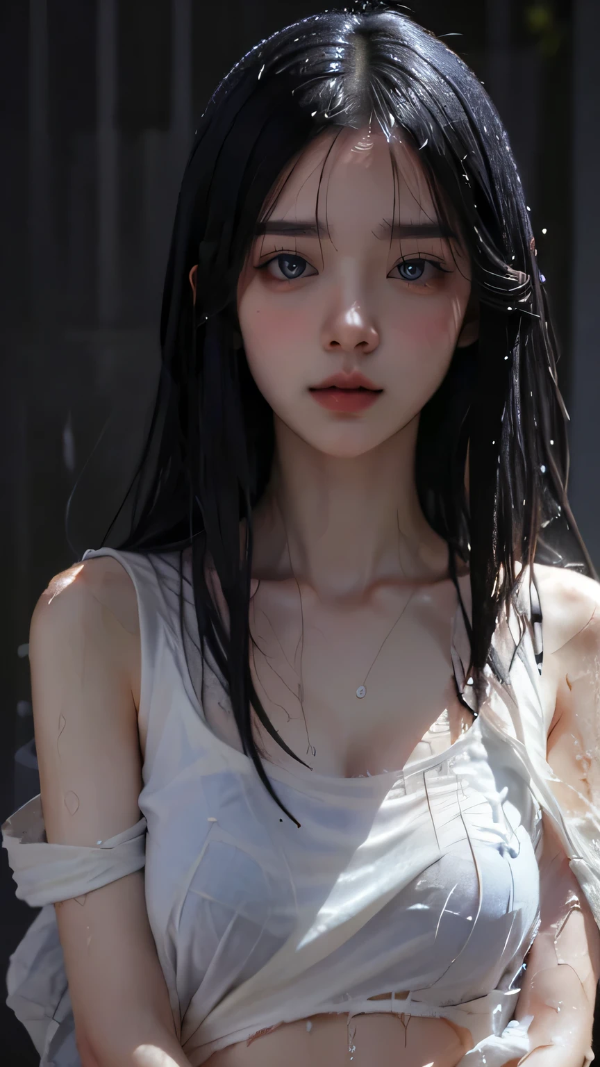 best image quality、8K、sad expression、tears flow,Tank top、cargo pants、,delicate body,small breasts,black haired,long hair,Streets of Europe、look back、heavy rain