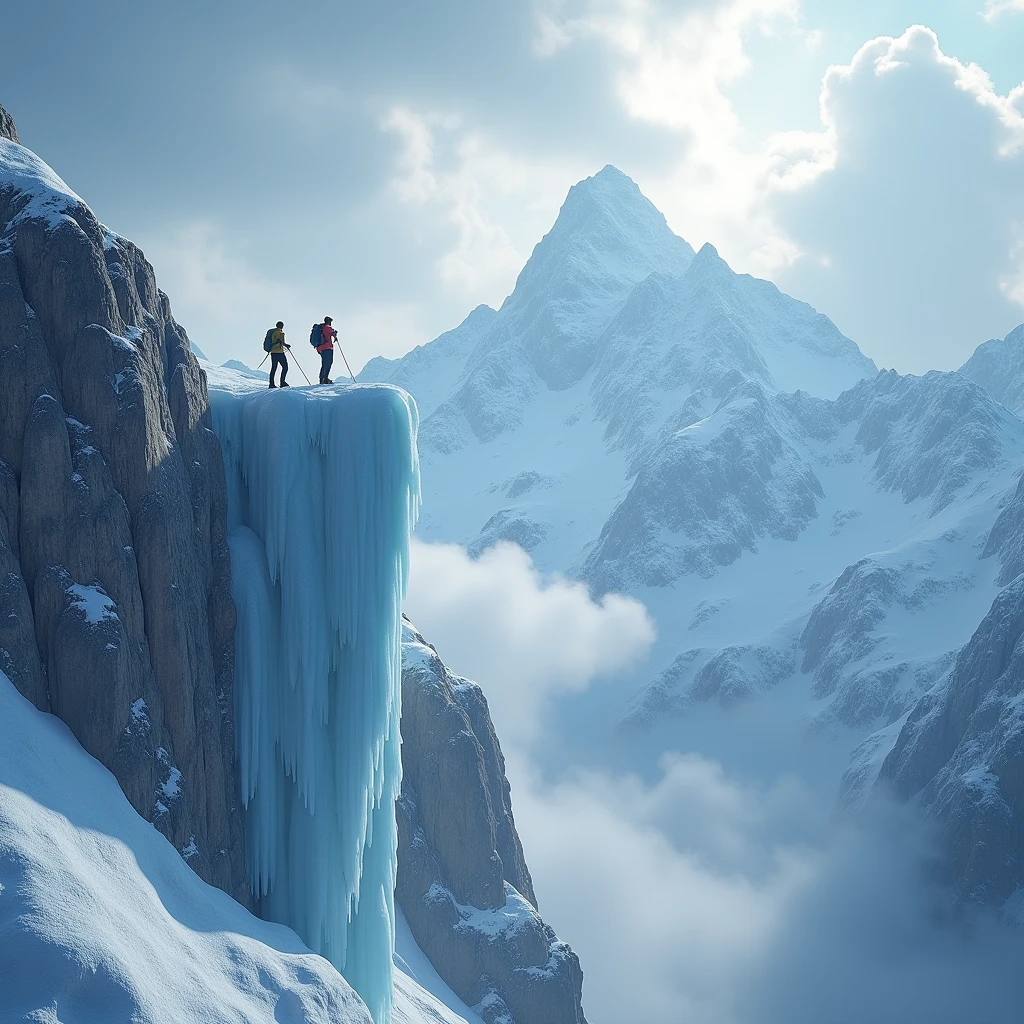 a snow-capped mountain, mountaineers climbing an icy wall, dramatic lighting, cinematic atmosphere, realistic 3D rendering, highly detailed, photorealistic, masterpiece