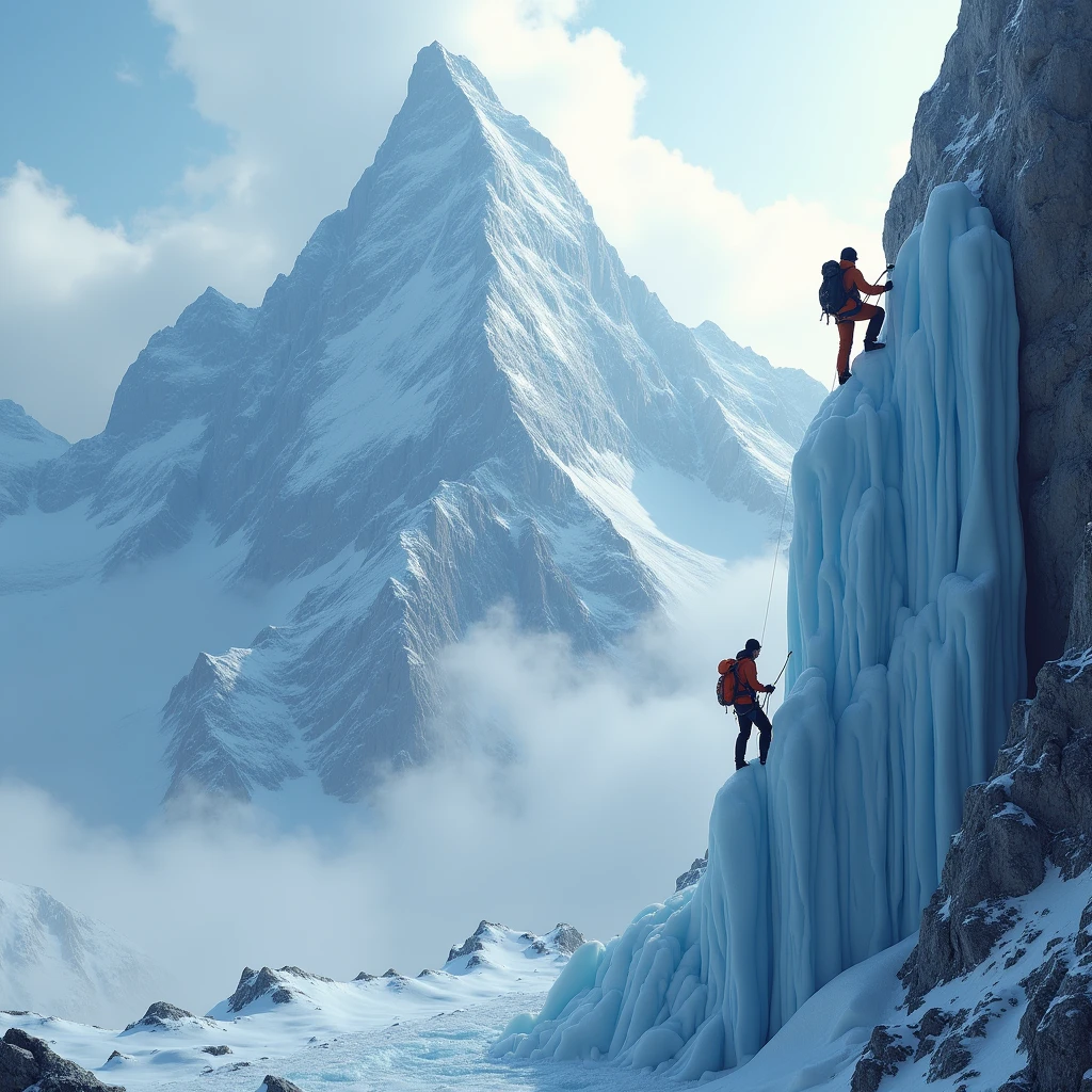 a snow-capped mountain, mountaineers climbing an icy wall, dramatic lighting, cinematic atmosphere, realistic 3D rendering, highly detailed, photorealistic, masterpiece