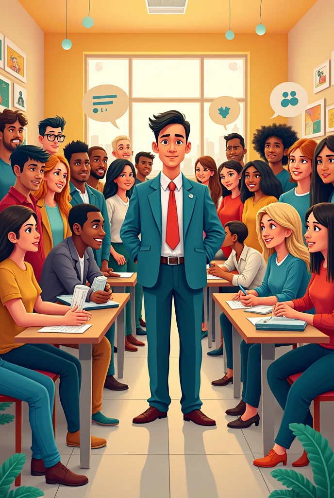 Create a very easy cartoon drawing of A large, diverse group of people working together, with the government person in the center.