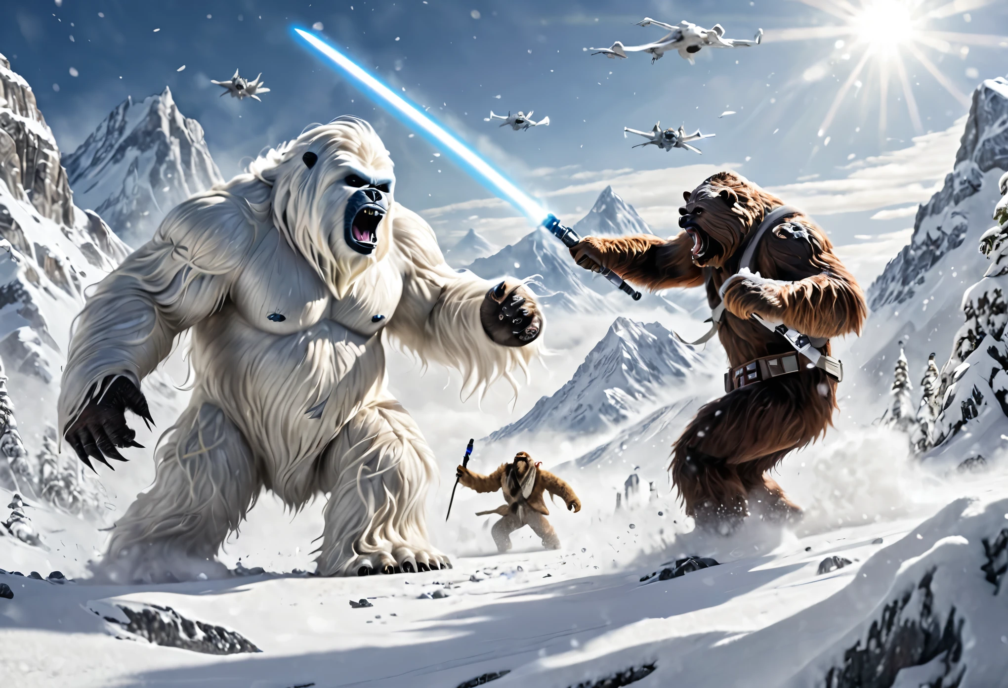 A mighty Wampa (star wars long hair Yeti) is battling a (demon bear) in a snow filled world (hoth), over cast, heavy snow