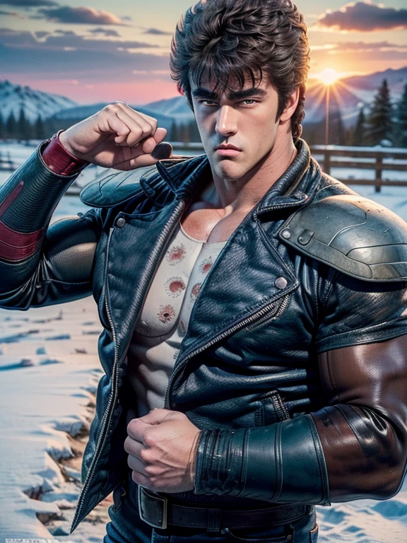 ((1girl:1.5, Beautiful face:1.25)), (((Snow Scenery:1.25, A snowy field with a great view:1.25, Clear blue sky, Sun and Clouds))), (fist in hand pose, Fighting Stance), (like a kenshirou), ((Kenshiro-like hairstyle, Short unkempt hair)), Brownish black hair, (blue jacket, red undershirt), Thick eyebrows, handsome face, plump big breasts, ((Sexy Body)), (RAW photo:1.2),(photorealistic:1.4),(masterpiece:1.4),(best quality:1.4), ultra high res, HDR, 8k resolution, detailed skin texture, detailed cloth texture