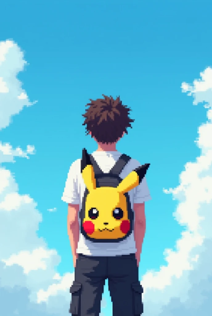 YouTube channel banner,theme pixelated blue sky with clouds,and a guy with curly hair,black cargo pants,white t shirt with a ganger Pokemon backpack.angle is the character in middle photo taken from back side and about 8feet away,more back and a little higher altitude make the angle more back and a Pikachu backpack make it more farr make the character straight and make the image atleast 20 feet away