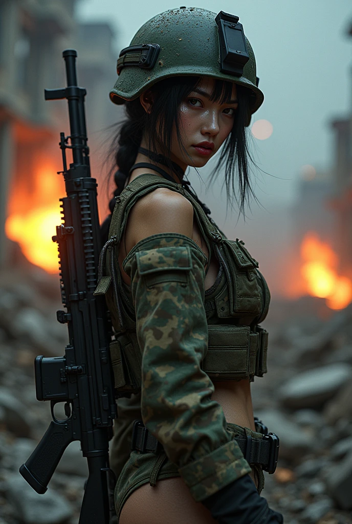 Photo-realistic, ultra-realistic, (very beautiful Japanese, famous Japanese idol:1.3), (Fully equipped for battle:1.5), large assault rifle on her back, (amazing view of multiple explosions:1), (painful impressions, crying:1.3), (wearing an army soldier's Camouflage outfits with military helmet:1.5), (driving a military armored vehicle:1.5), (at a battle field of Abandoned Building at night), very large breasts, (tactical vest, military harness:1.3), (military long boots:1), dynamic angle, spectacular, (injured:1.3), (muddied, damaged wears, damaged body:1.3),