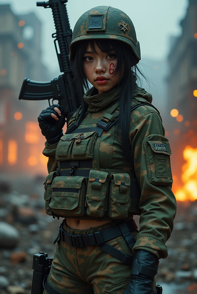 Photo-realistic, ultra-realistic, (very beautiful Japanese, famous Japanese idol:1.3), (Fully equipped for battle:1.5), large assault rifle on her back, (amazing view of multiple explosions:1), (painful impressions, crying:1.3), (wearing an army soldier's Camouflage outfits with military helmet:1.5), (driving a military armored vehicle:1.5), (at a battle field of Abandoned Building at night), very large breasts, (tactical vest, military harness:1.3), (military long boots:1), dynamic angle, spectacular, (injured:1.3), (muddied, damaged wears, damaged body:1.3),