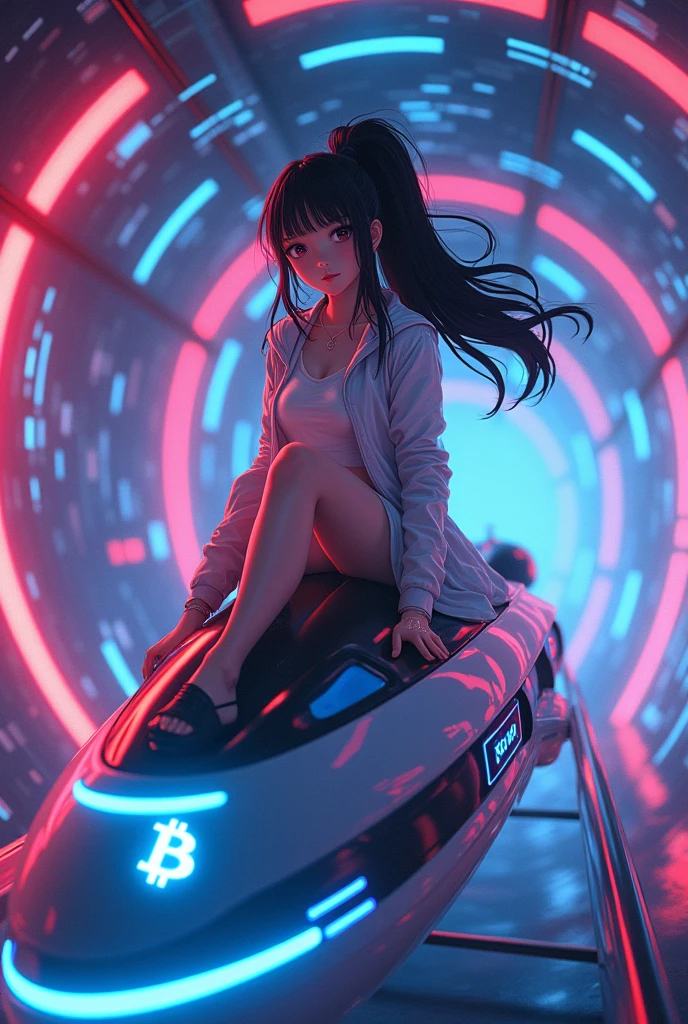 Japanese anime style,A woman riding a term machine,Flying through a tunnel of cryptocurrencies,Neon-lit virtual currency,Bitcoin,Traveling to the past,8k