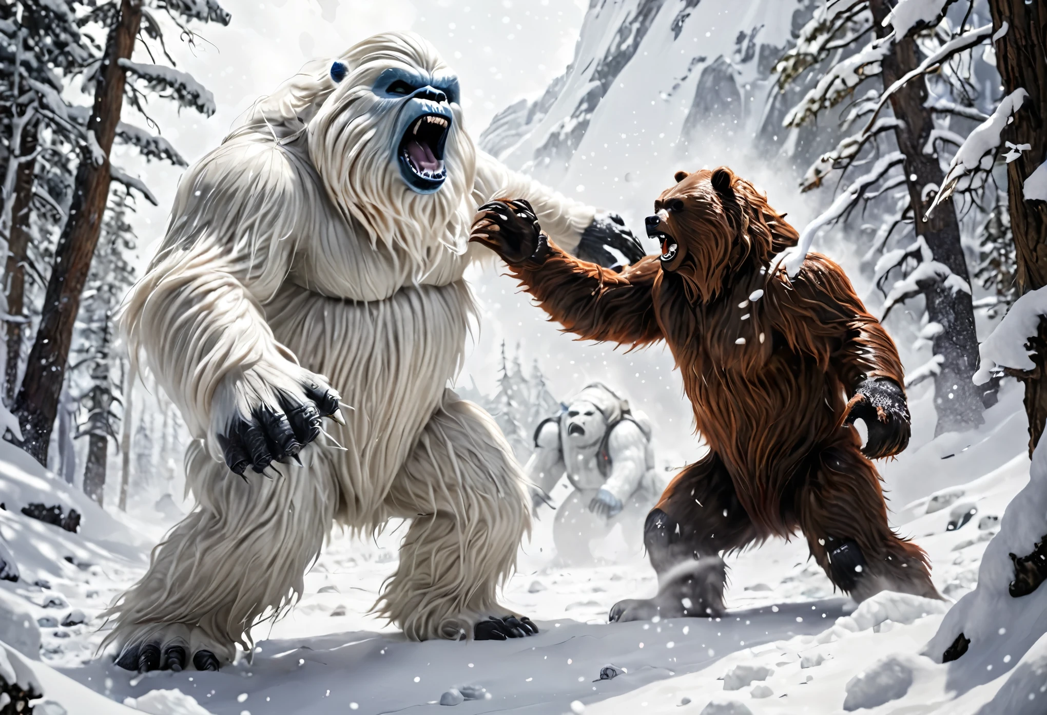 A mighty Wampa (star wars long hair Yeti) is battling a (demon bear) in a snow filled world (hoth), over cast, heavy snow