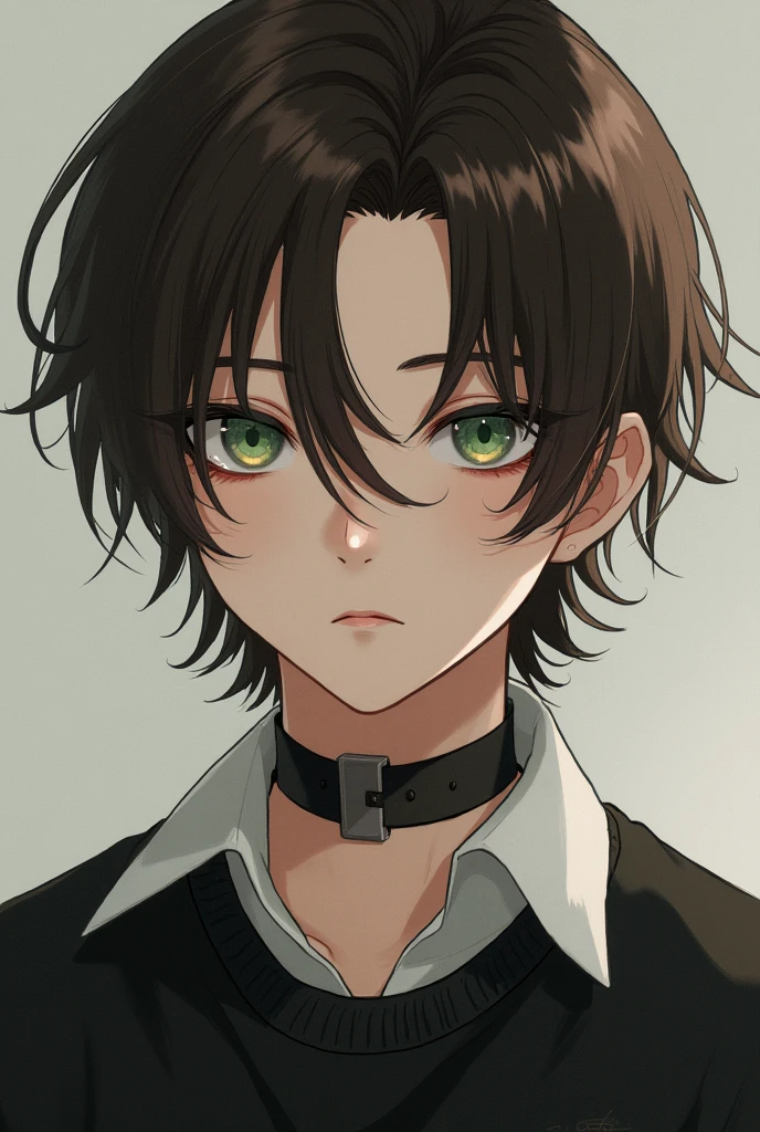 young man,Brown hair with lighter streaks down to the shoulders,not so white skin,delgado,parts,emo style,and eyeliner,green eyes,white collar of his clothes,but,black t-shirt