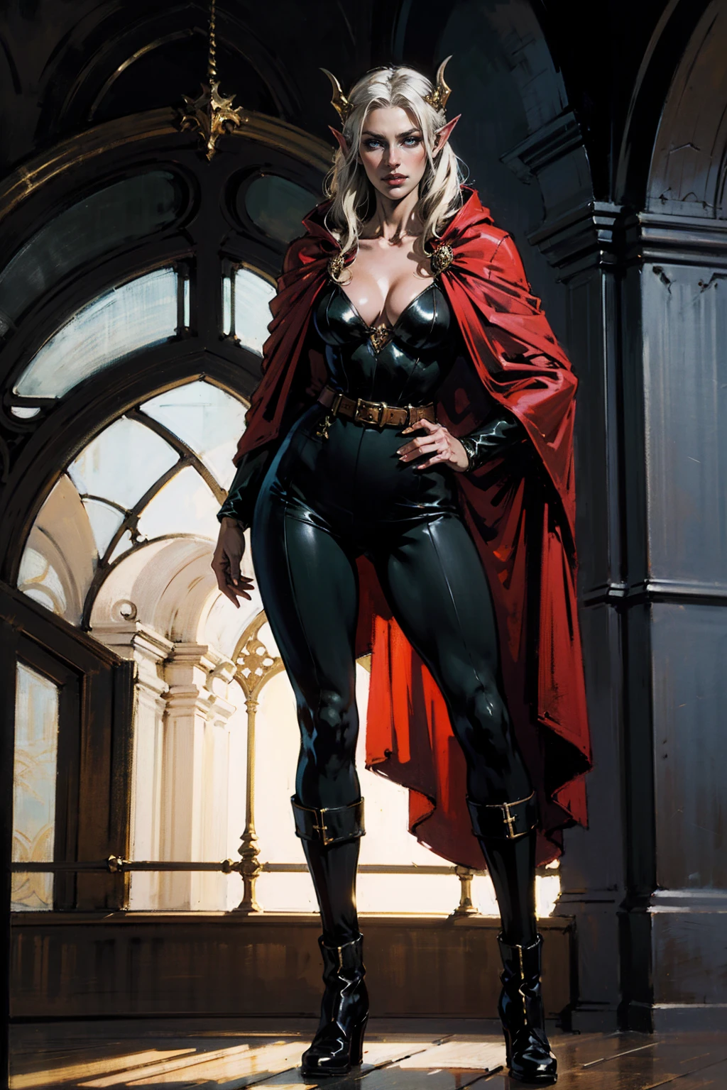 A woman with long platinum blonde hair, choppy bangs, arched crescent eyebrows, sharp and determined eyes, a delicate oval face, a serious expression, a fantasy-style dark green military coat, draped with a dark red cloak, military trousers, leather combat boots, silver greaves leggings, one hand on her hip, standing in a spacious training ground, this character embodies a finely crafted fantasy-style female military officer in anime style, exquisite and mature manga art style, pale skin, high definition, best quality, highres, ultra-detailed, ultra-fine painting, extremely delicate, professional, perfect body proportions, golden ratio, anatomically correct, symmetrical face, extremely detailed eyes and face, high quality eyes, creativity, RAW photo, UHD, 32k, Natural light, cinematic lighting, masterpiece-anatomy-perfect, masterpiece:1.5, horned girl, devil horns, elf ears, cleavage, thigh, short skirt, sexy, wide black wings