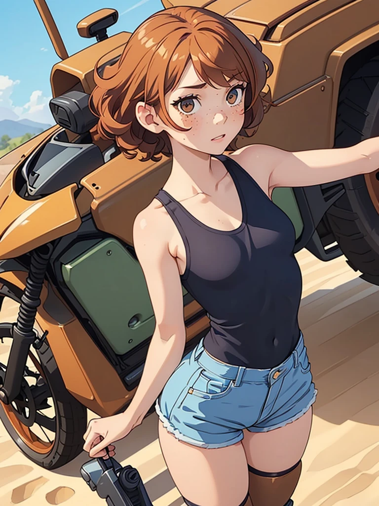 (masterpiece), (best quality), ((one girl)) copper hair,(brown eyes),short hair, curly hair, anime style, freckles, (small breast), (petite figure), blue tank top, knee pads, legs, (desert background))