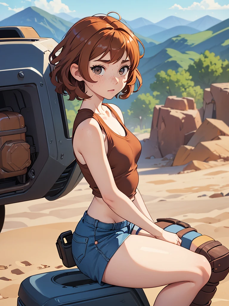 (masterpiece), (best quality), ((one girl)) copper hair,(brown eyes),short hair, curly hair, anime style, freckles, (small breast), (petite figure), blue tank top, knee pads, legs, (desert background))