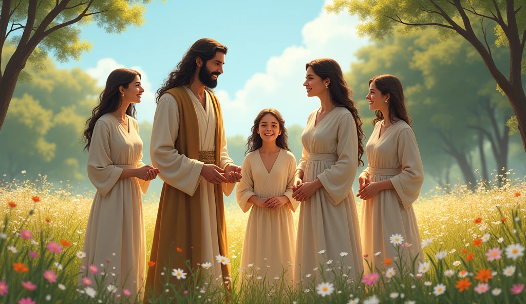 "Create an image of Job's daughters, known for their beauty and grace, in a sunny and serene setting. Show them interacting in a flower field or garden., with happy and calm expressions. Daughters should be dressed in simple attire, mas elegantes, reflecting your inner and outer beauty. The scenery should include trees and flowers, with a clear sky, symbolizing the blessing and prosperity that God granted to Job."