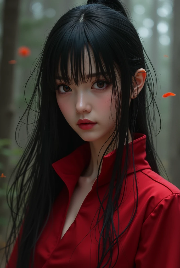 Long black hair, half tied up, natural loose bangs, wearing red costume.