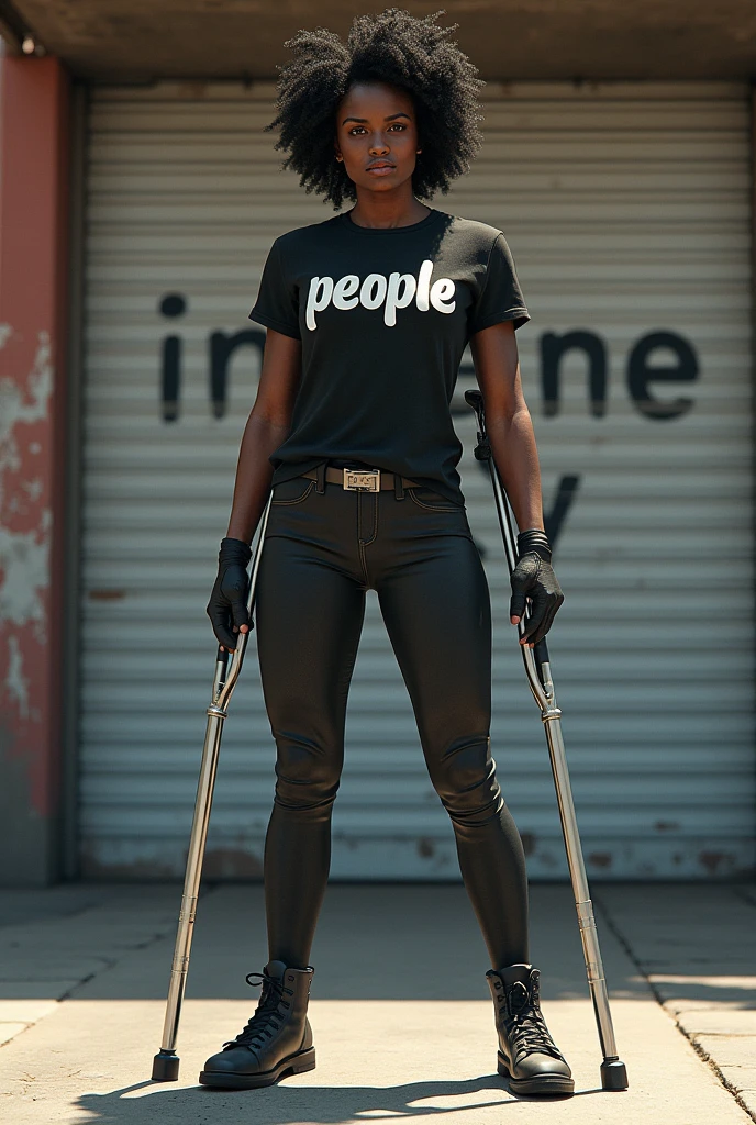Create an image of a black superheroine with two crutches, with a shirt written "people", next to a garage door written in Portuguese "insane city"