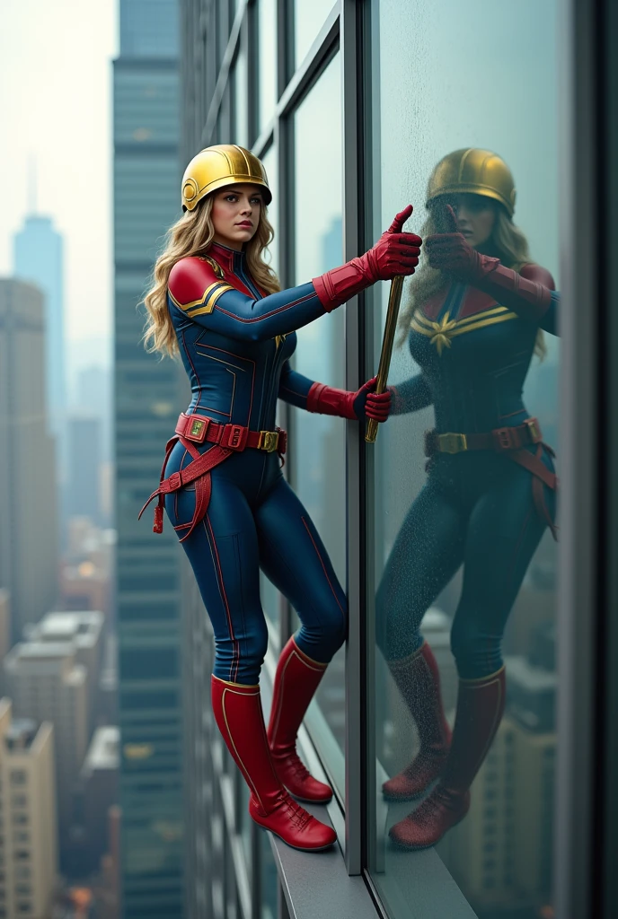 hình ảnh thực tế, siêu anh hùng marvel, captain marvel làm nhân viên lau kính trên một tòa nhà cao tầng, đội mũ màu vàng, tay cầm chổi lau