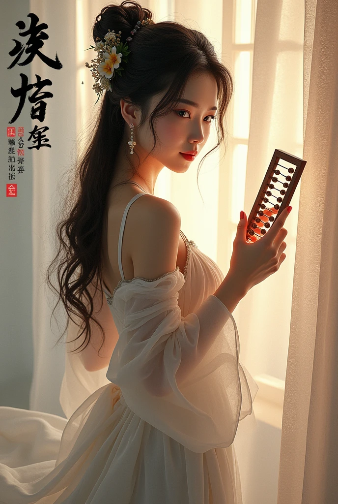 The cover of the ancient Chinese novel "Cross-dimensional business of revenge" asks for a young woman with a beautiful face and sexy body, with an abacus as a prop, and the title is in Chinese characters.