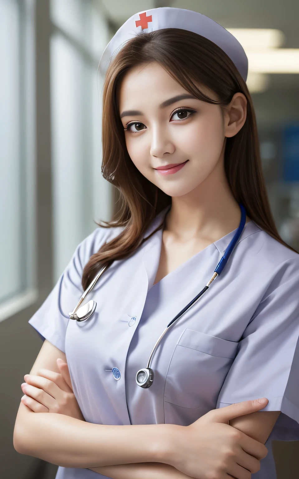 Beauty, high quality, Complete, In detail, High resolution, 8k wallpaper, whole body, Perfect dynamic composition, Beautiful attention to detail, Random poses, Charm, Alluring, 20 year's old, round face, (nurse), hospital , single hair , seductive smile