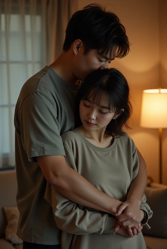 A photo of a man giving a back hug to a casually dressed Japanese woman in a room