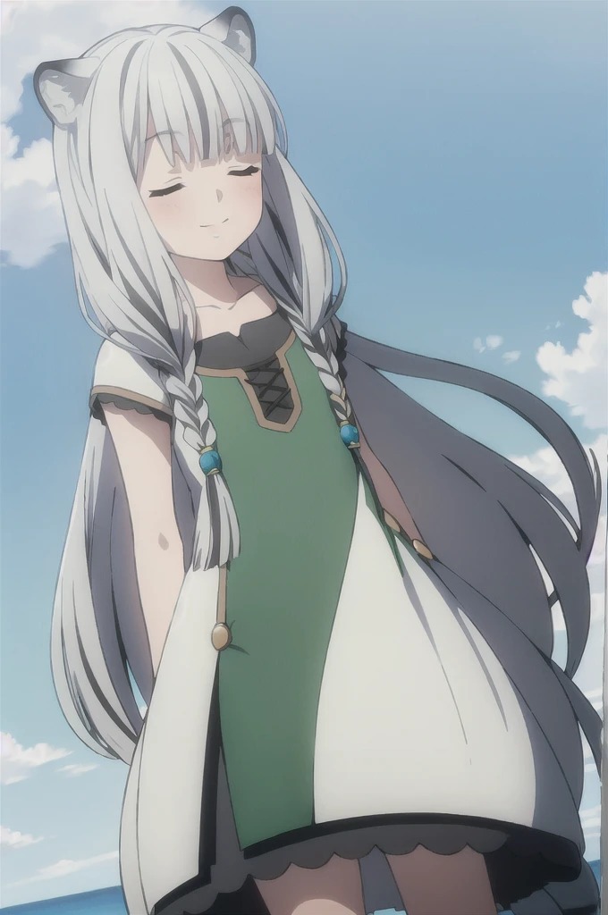 ((masterpiece)), (Best quality), (ultra detailed), photorealistic, (best illustration), ((very gentle and beautiful)), 1 girl, One, long hair, tiger ears, [:tiger tail under:0.2], White hair, Two-tone hair, feet behind the frame, White dress, (a green dress:1), multi-colored dress, Twisted, standing, closed eyes, smile, black skirt, Short sleeves, detailed scenery, blue sky, horizon, low double braids, double braids, hair ornament, bracelet, (hand on chest:0.9), blush