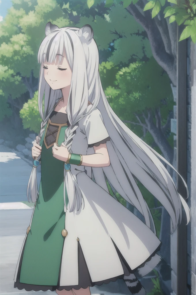 ((masterpiece)), (Best quality), (ultra detailed), photorealistic, (best illustration), ((very gentle and beautiful)), 1 girl, One, long hair, tiger ears, [:tiger tail under:0.2], White hair, Two-tone hair, feet behind the frame, White dress, (a green dress:1), multi-colored dress, Twisted, standing, closed eyes, smile, black skirt, Short sleeves, detailed scenery, blue sky, horizon, low double braids, double braids, hair ornament, bracelet, (hand on :0.9), blush